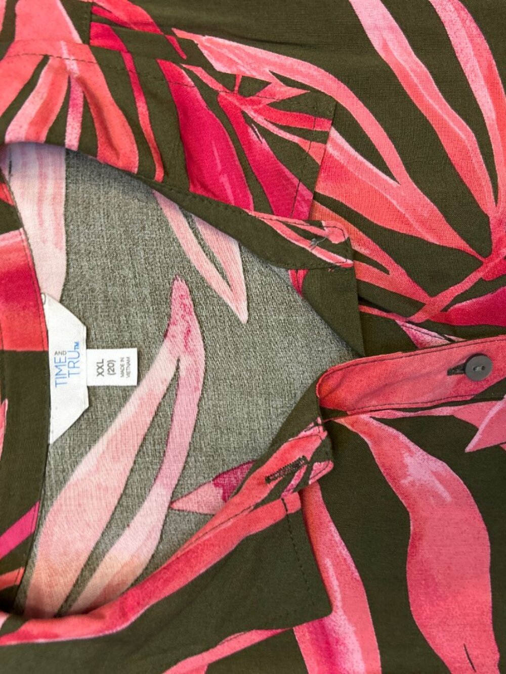 Time & Tru Palm Leaf Tiered Shirt Dress Olive Pink XXL 20 Boho Summer Tropical - Picture 5 of 6